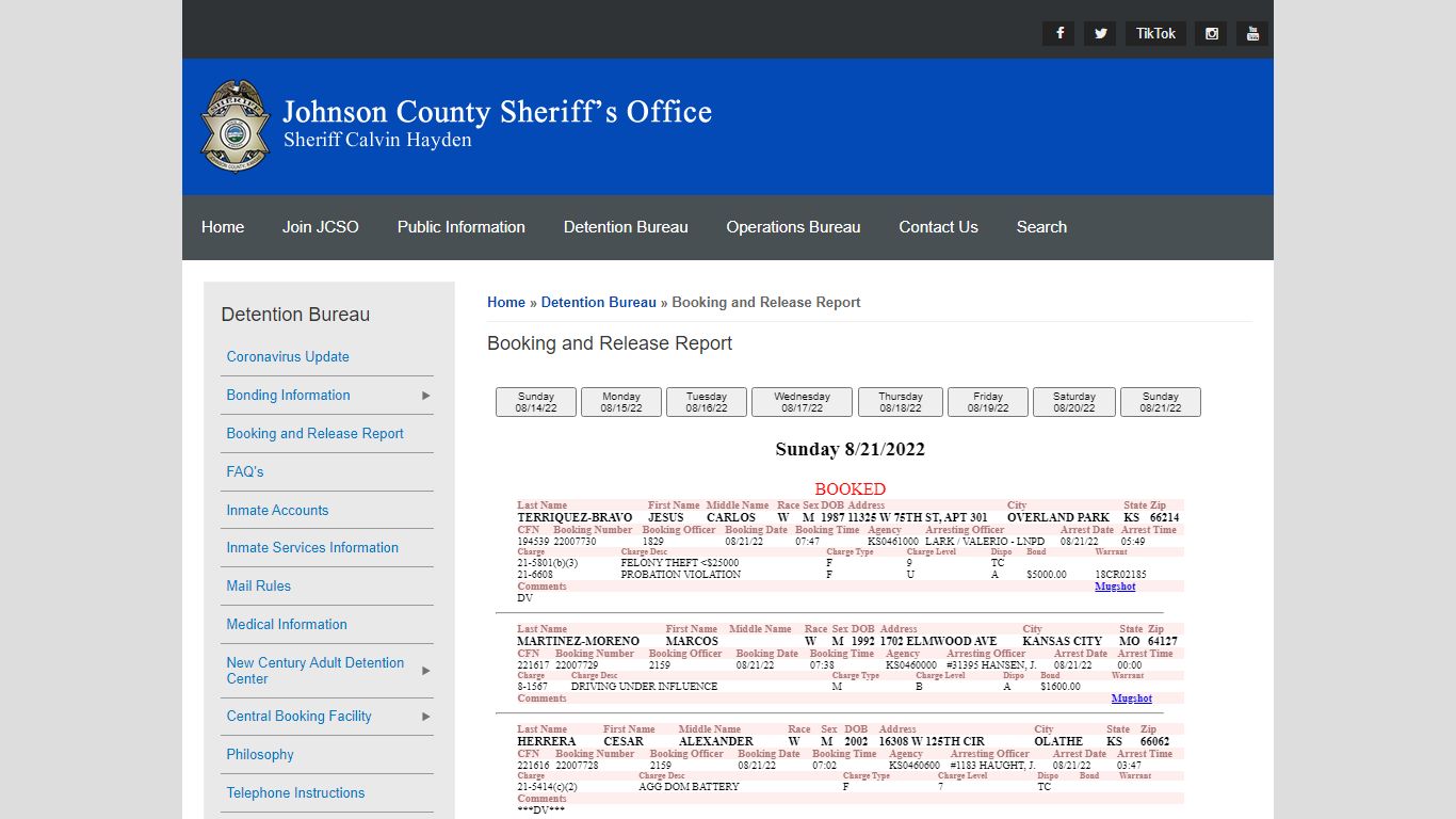 Booking and Release Report | Johnson County Sheriff